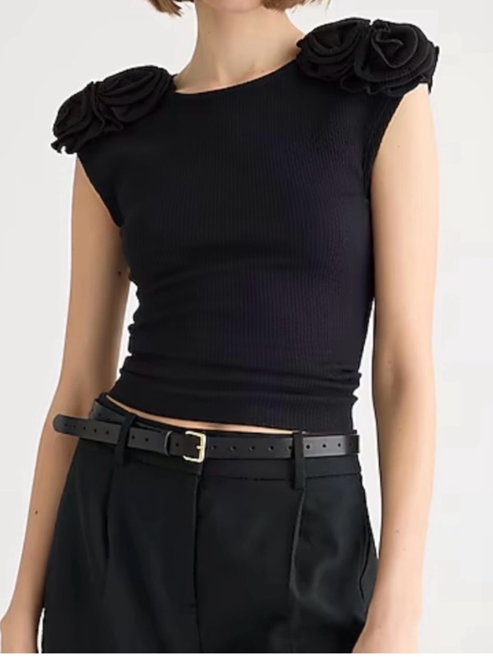 J. Crew Black Ribbed Tank With Rose Shoulder Appliqus